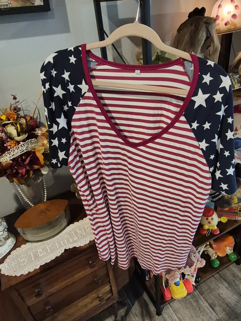 Striped V-Neck Raglan Tee with Star Print Sleeves